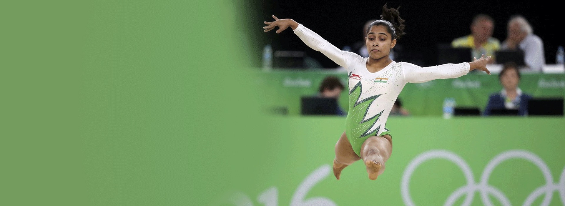 Dipa Karmakar in mid-air during her floor routine at the Rio 2016 Olympics