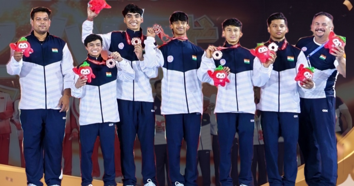 India's junior men's artistic team on the podium with bronze medals at the 2026 Asian Championships